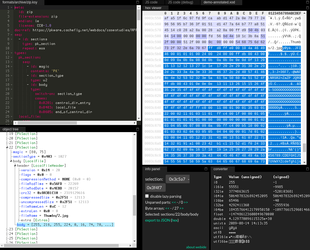 Kaitai Web IDE with a zip loaded